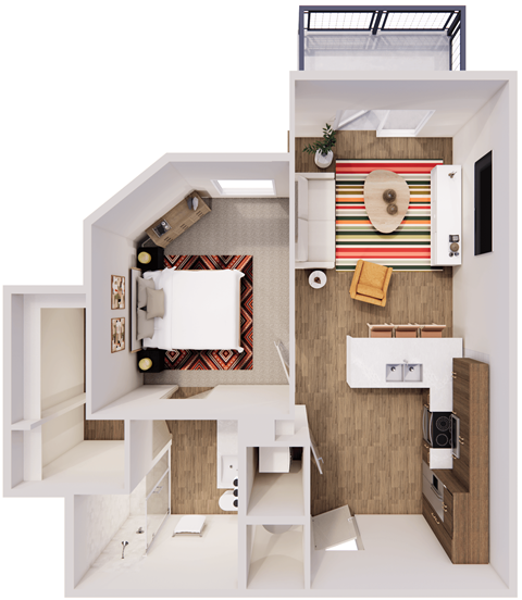 Floor plan for 1 bed, 1 bath, 668 sqft